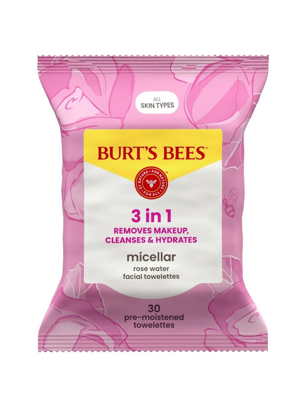 🍒 5/$20 Burt's Bees 3in1 Makeup Remover Wipes Micellar Rose Water 30ct Natural